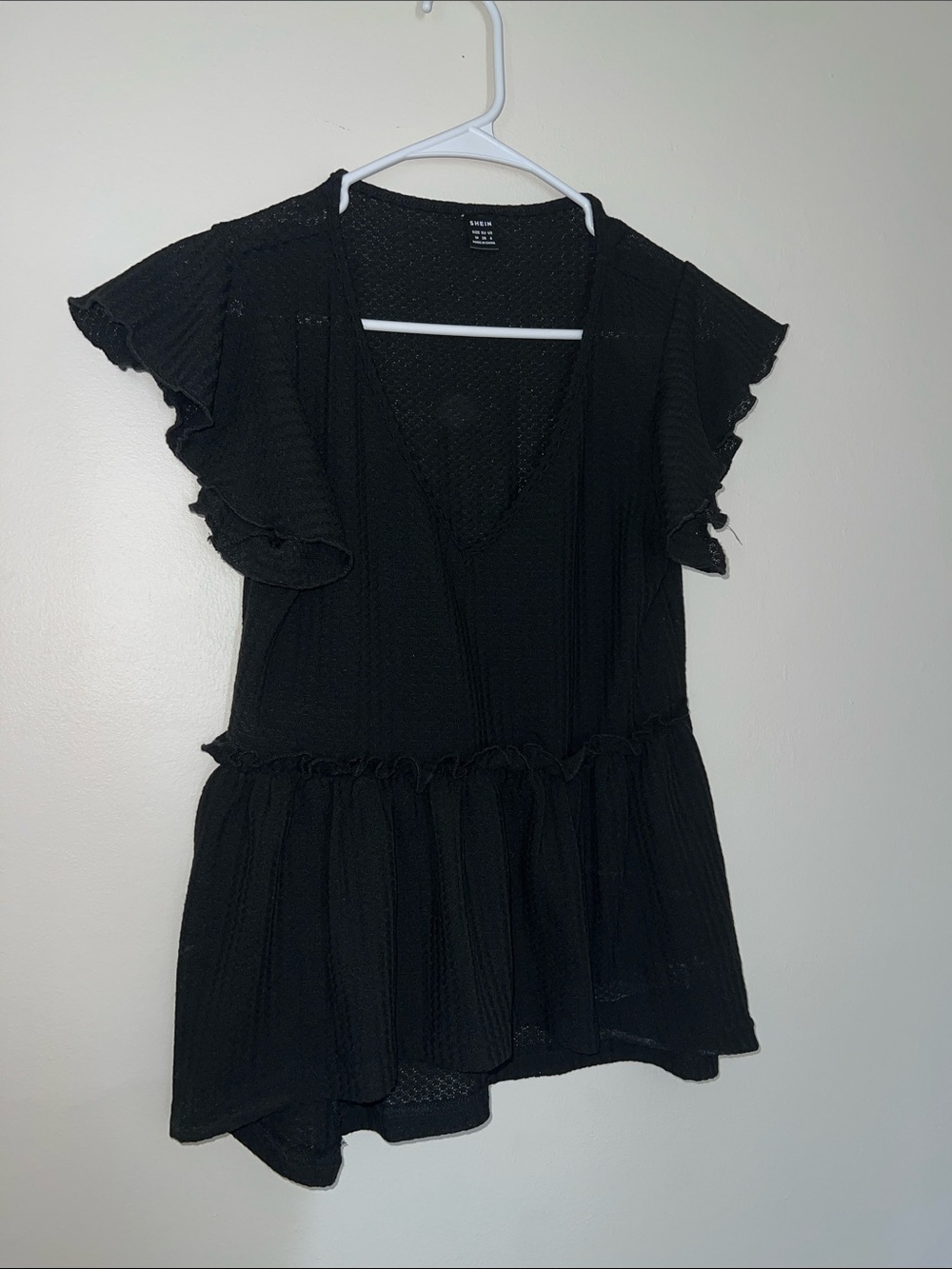 Black Ruffled Flutter Sleeve V-Neck Peplum Top